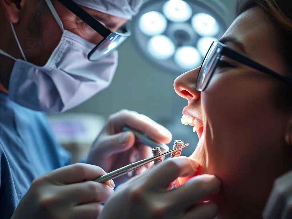 A close-up image of a dental implant being placed in a patient's mouth, highlighting precision and modern equipment.
