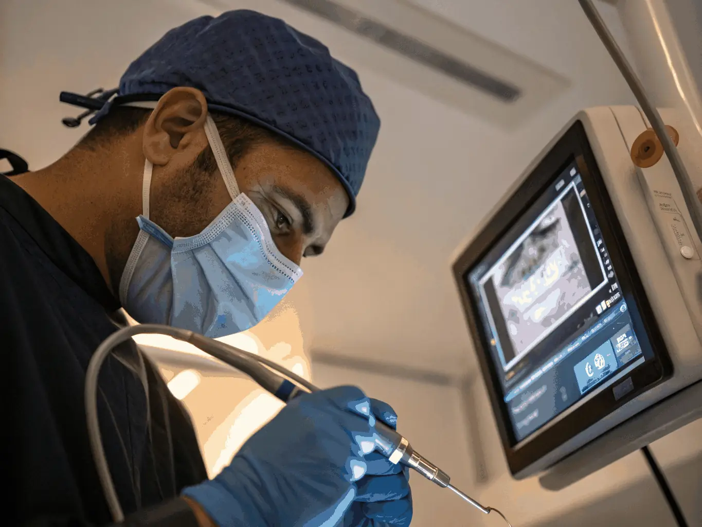 An image depicting a dentist carefully extracting a wisdom tooth, with advanced surgical instruments and a focus on patient comfort. The setting is a sterile and modern operating room.