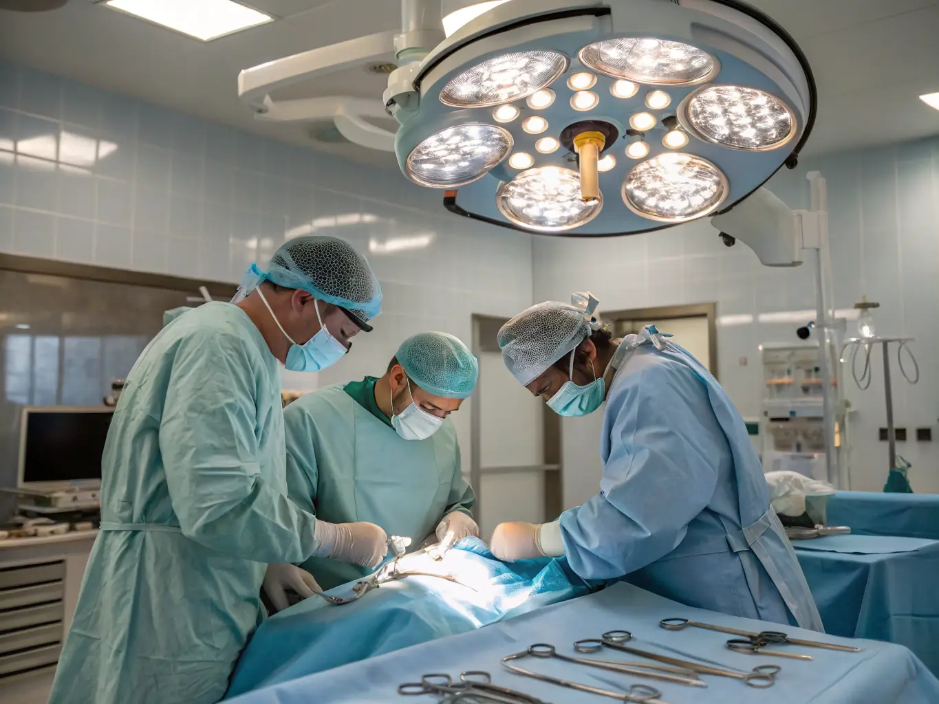 A diverse team of OralMax surgeons and support staff collaborating on a complex surgical case, showcasing their expertise and teamwork.